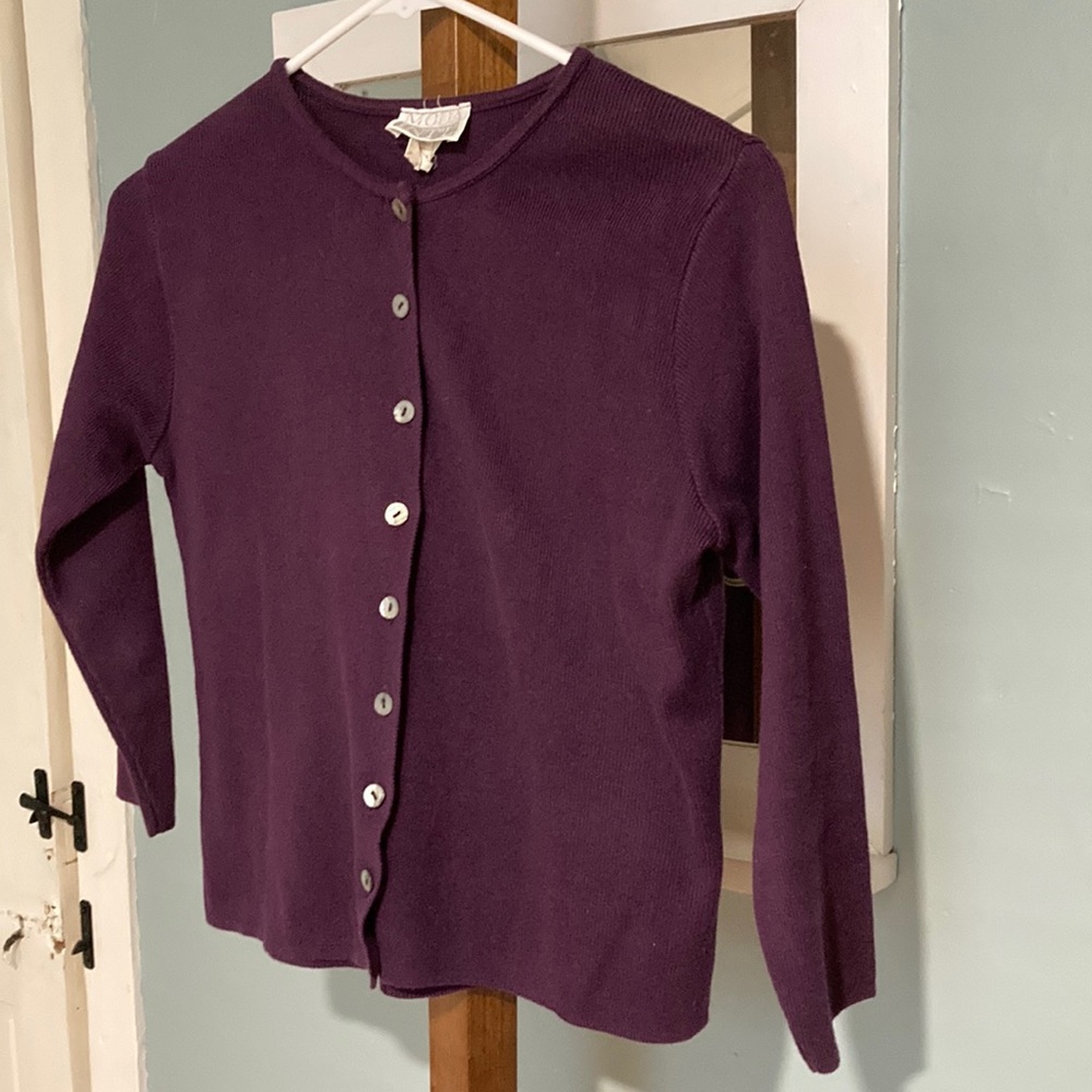 Dainty button-up purple sweater. 3/4 length sleeves.Size Small.